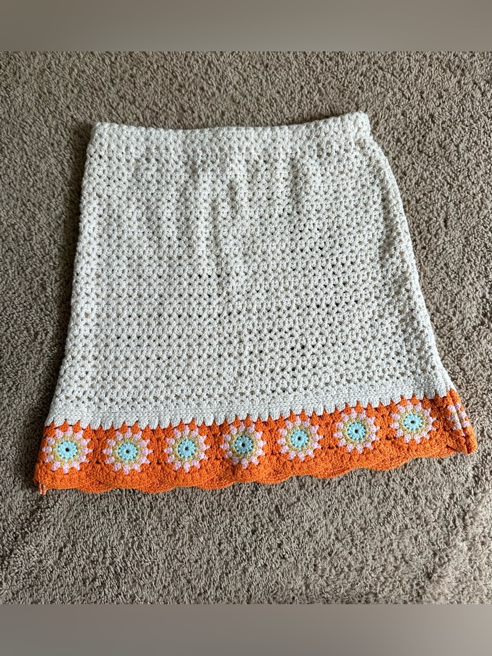Zara Crochet Cream Skirt with Orange Floral Trim.
